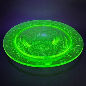 Vtg US Glass Rose Thorn Green Depression Vaseline Uranium Bowl 3 Toe Footed 30s